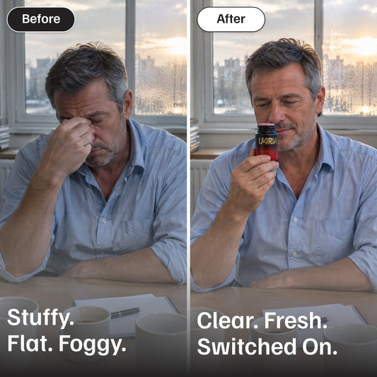 Before and after: a tired man rubbing his eyes at his desk, then smiling as he breathes in a U4RIA herbal inhaler