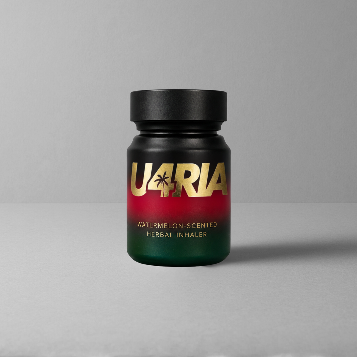 A black bottle of U4RIA Watermelon-Scented Herbal Inhaler with a black cap, featuring a red and green gradient label with gold lettering, set against a neutral grey background.