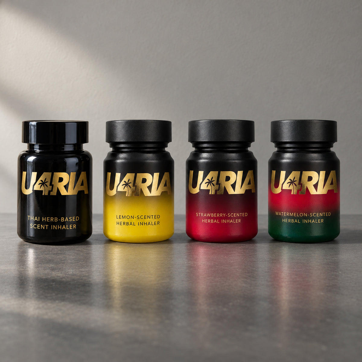The four U4RIA Discovery Pack inhalers side by side: Classic Thai herb, Lemon, Strawberry and Watermelon