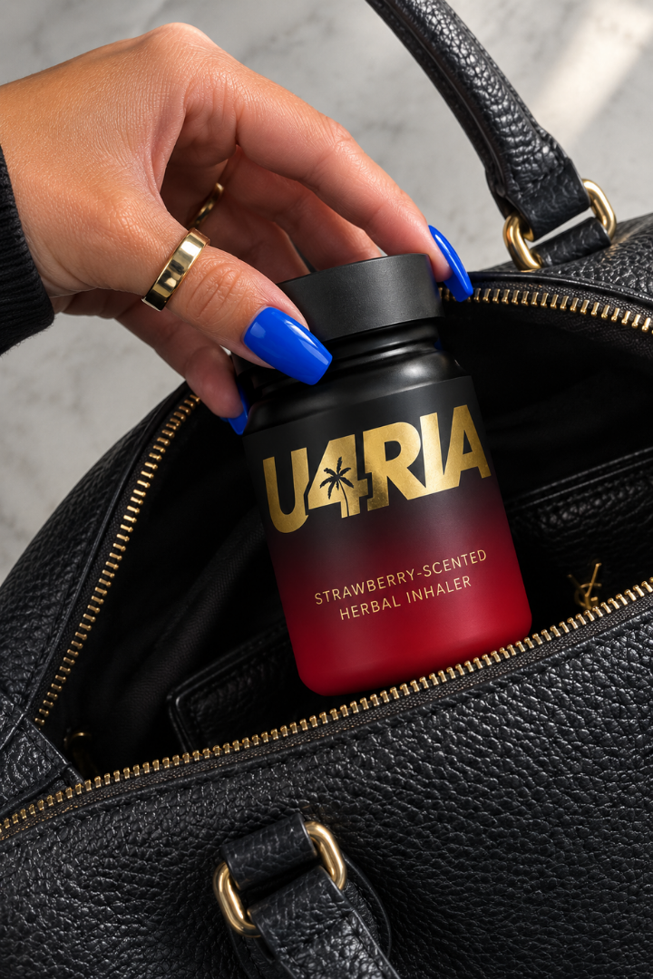 Hand taking a Strawberry-scented U4RIA inhaler out of a black handbag