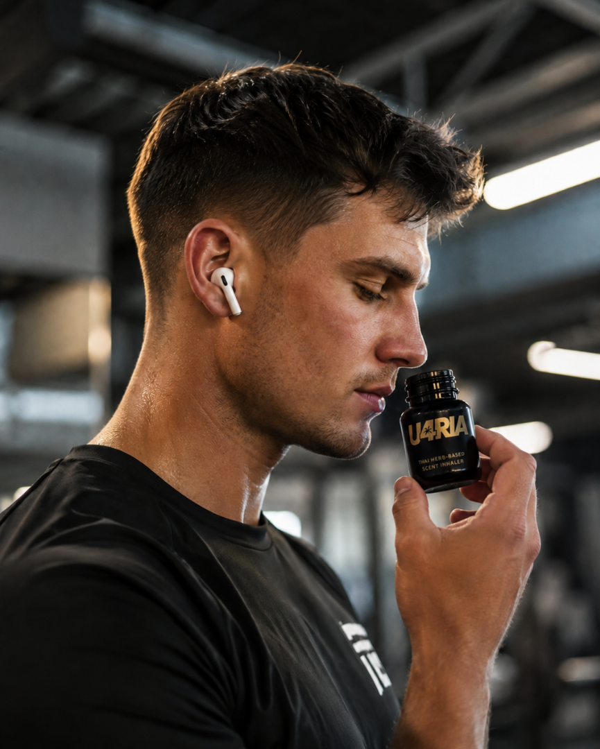 Man in a gym holding an open Classic U4RIA herbal inhaler