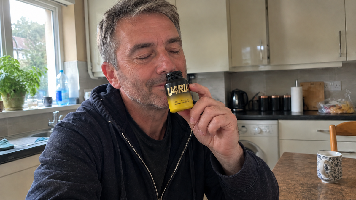 A man in his kitchen breathing in from a Lemon U4RIA inhaler with his eyes closed