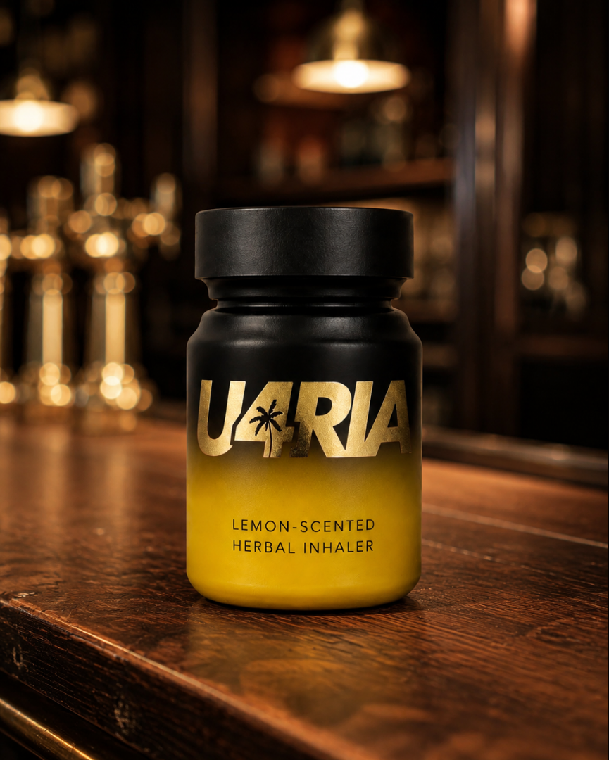 Lemon-scented U4RIA herbal inhaler on a wooden bar counter