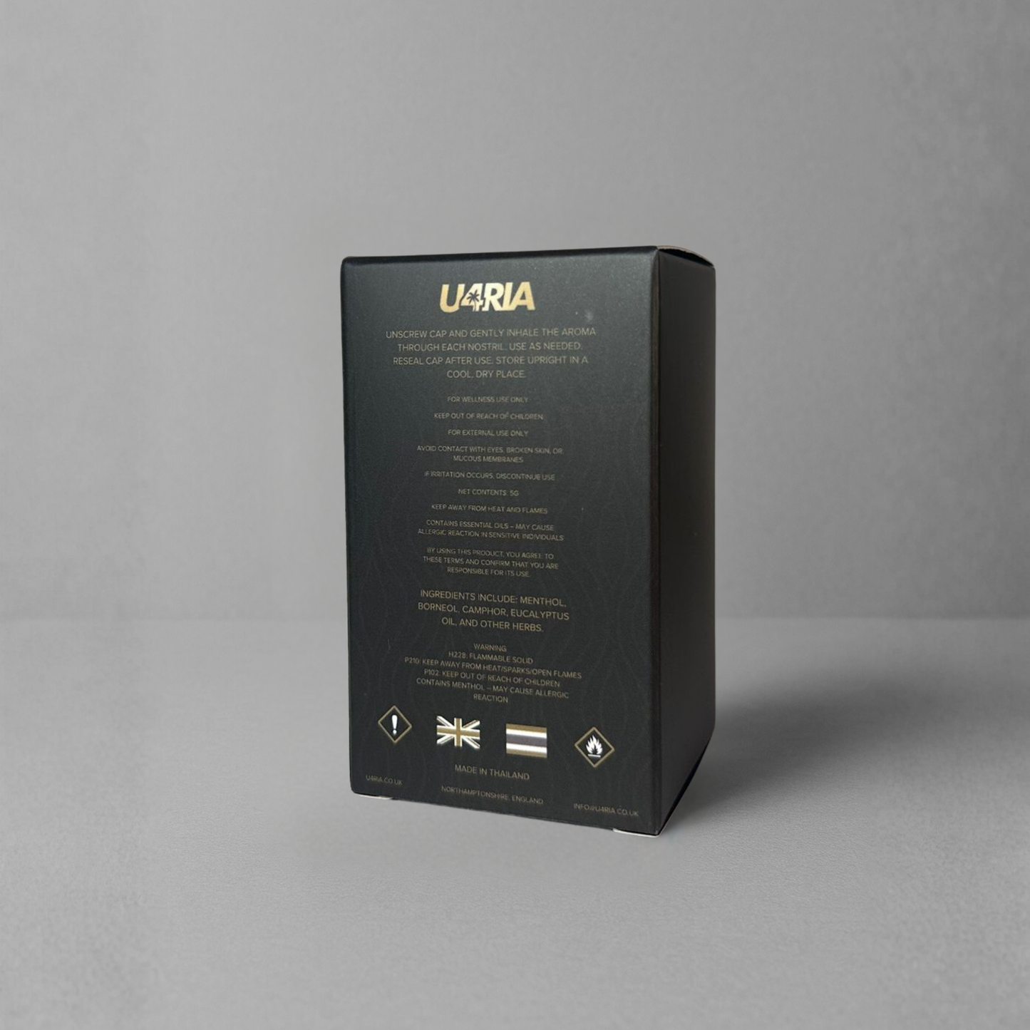  Back of U4RIA Bottle Box on plain grey background