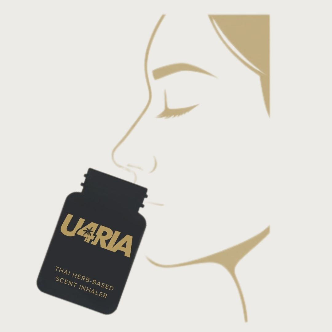 Line illustration of a woman with her eyes closed, holding an open U4RIA inhaler just below her nose and breathing in