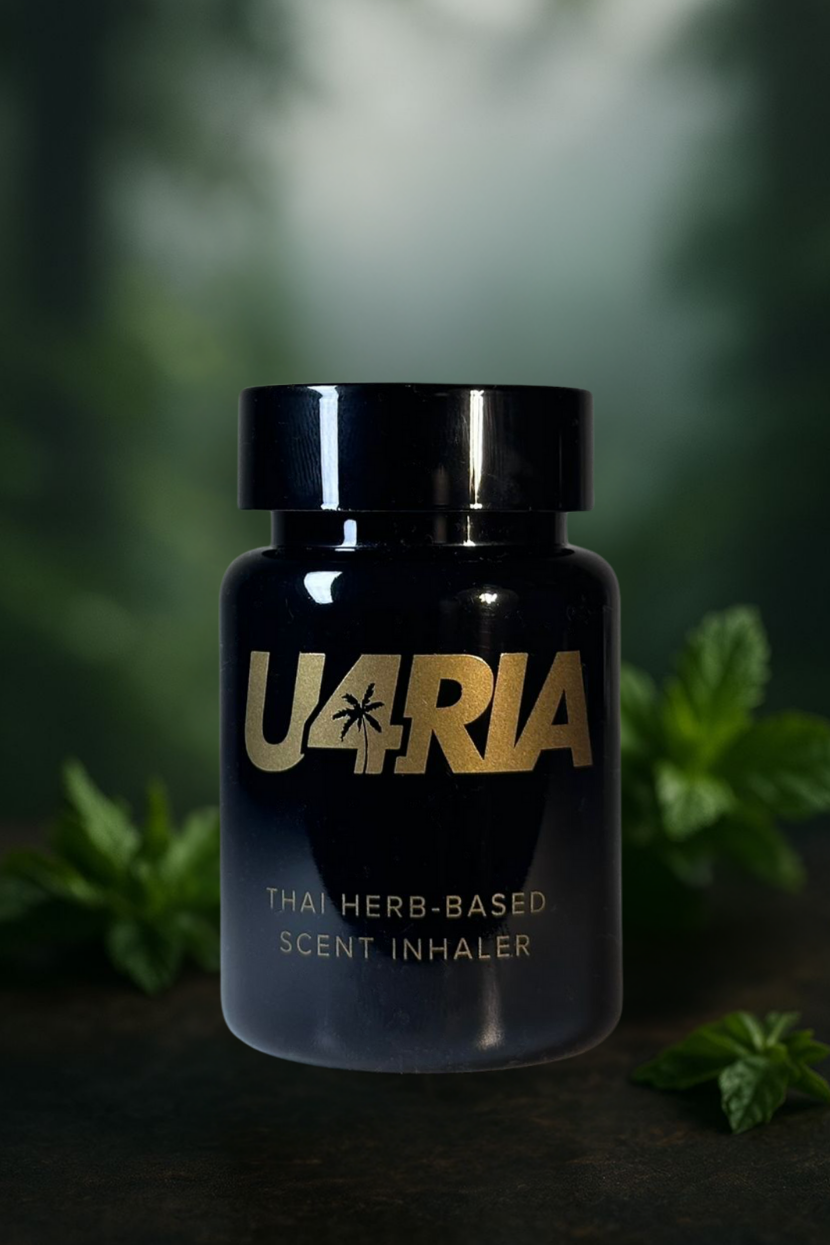 Black U4RIA herb-based scent inhaler bottle with gold text on a dark background