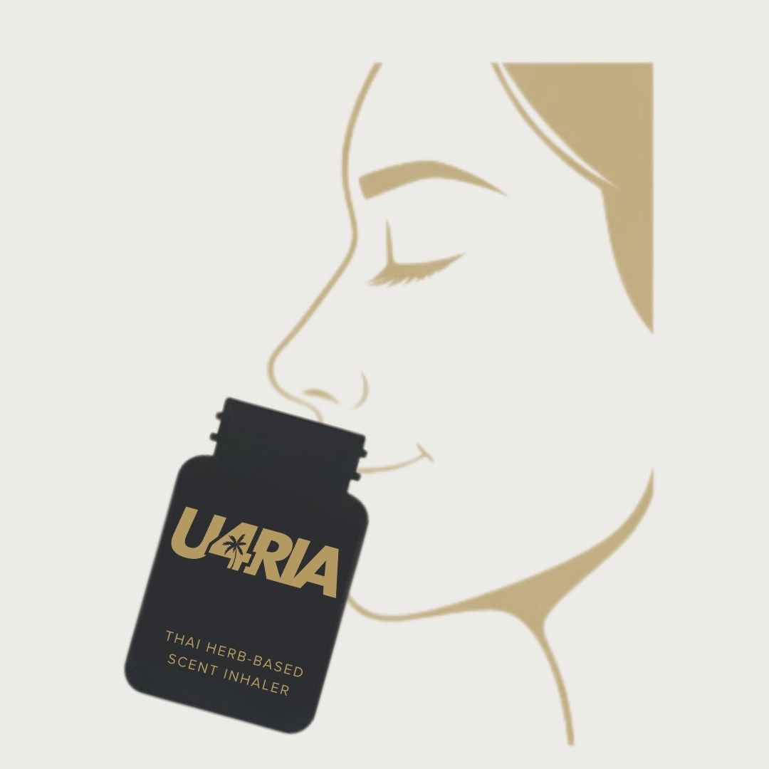 Line illustration of a woman smiling with her eyes closed after breathing in from an open U4RIA inhaler